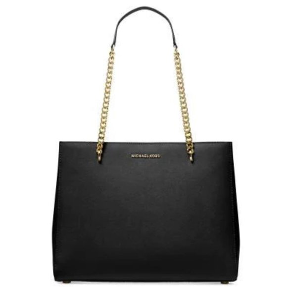 New MICHAEL Michael Kors "Ellis" Large Leather Chain Tote Bag in black.